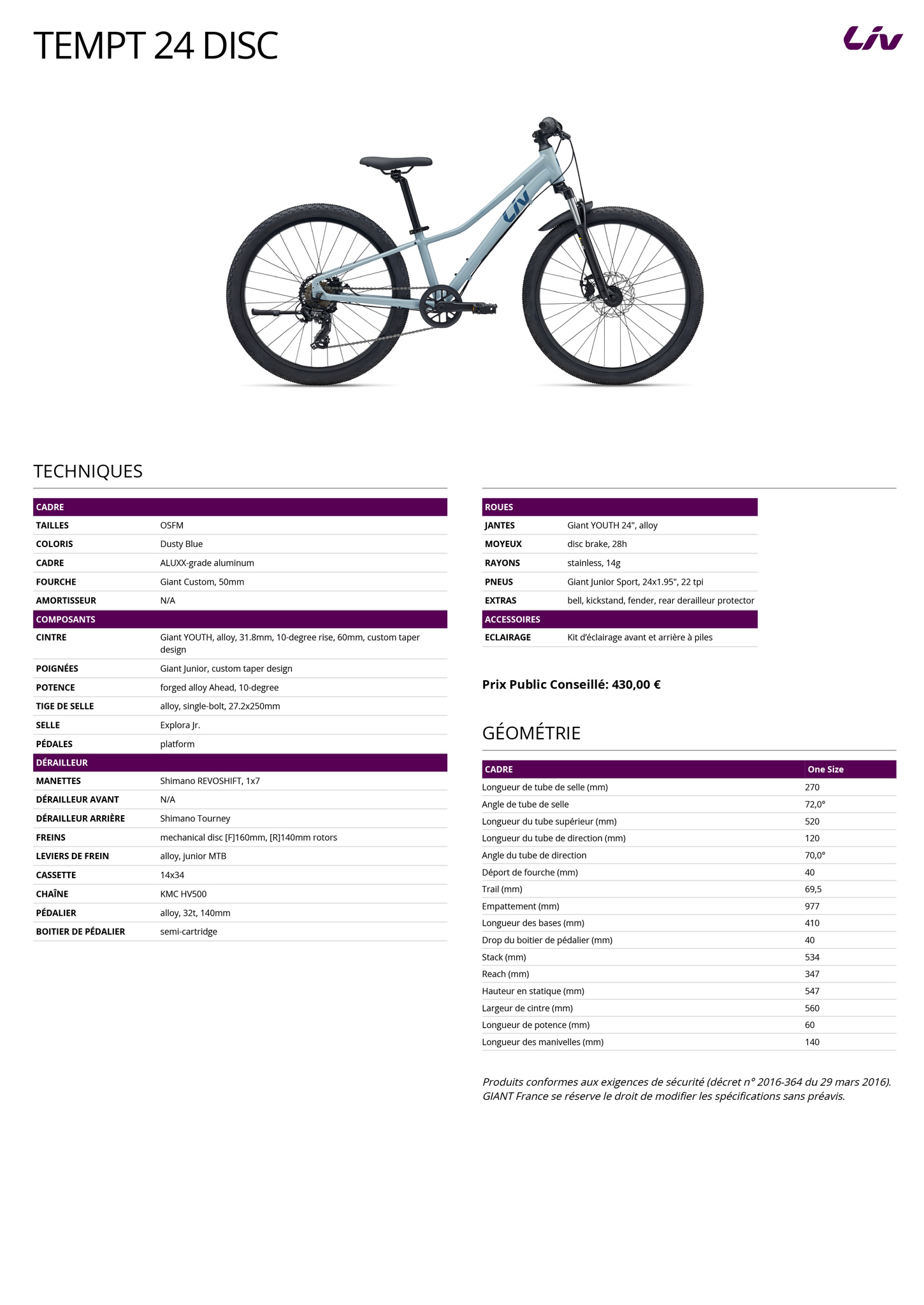Fiche technique du velo Tempt 1 année 2026